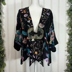 Kimono Women ONE SIZE Black Floral Boho Hippie Indie Embroidered Flowy